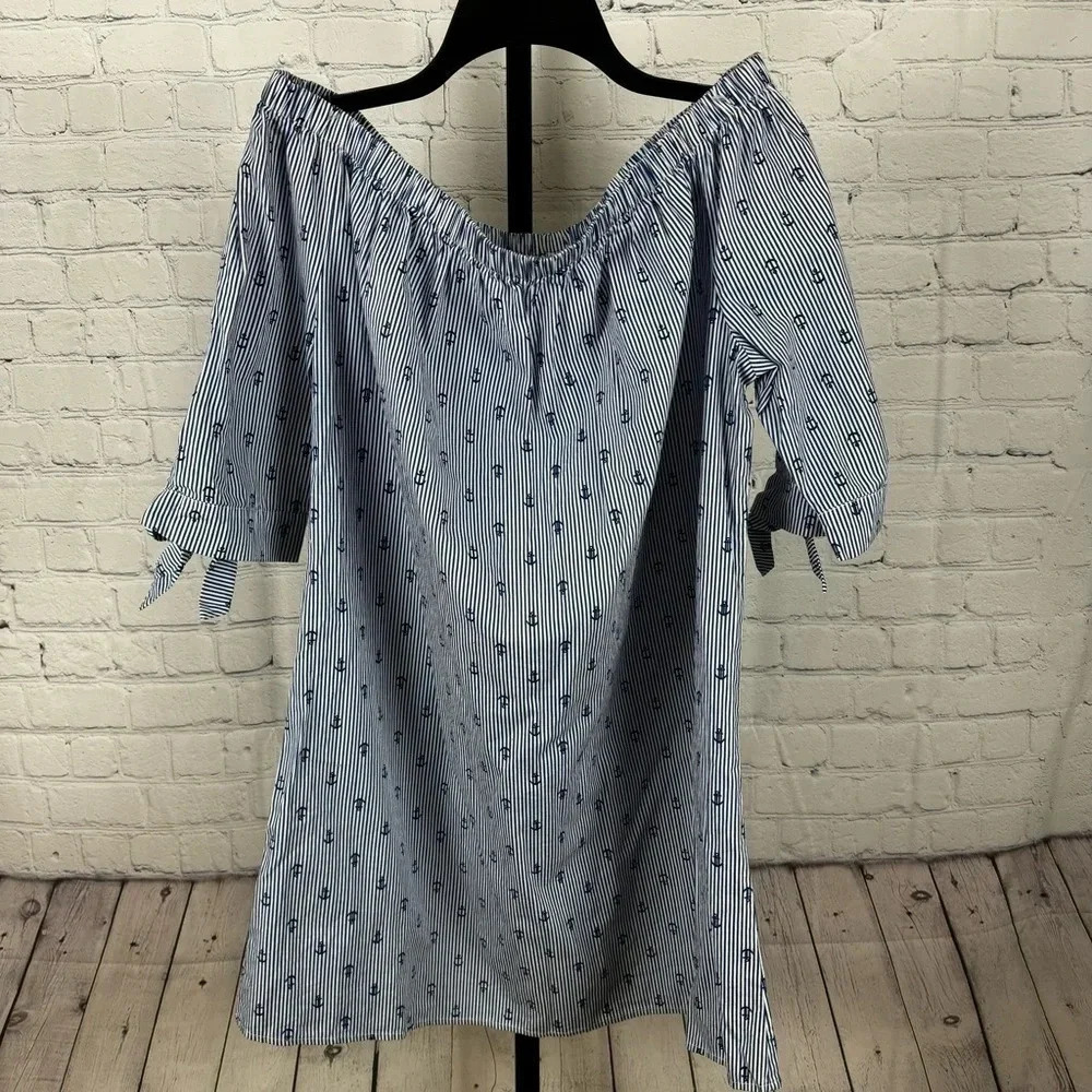 Tacera Blue and White Pinstripe Anchor Print Off Shoulder Dress Size Large